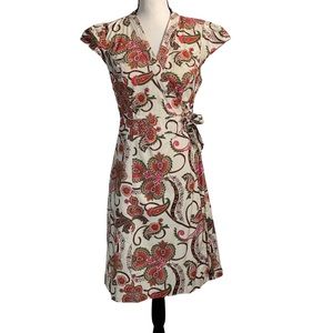 Tommy Hilfiger Cream Paisley Print Short Cap Sleeve Wrap Dress M